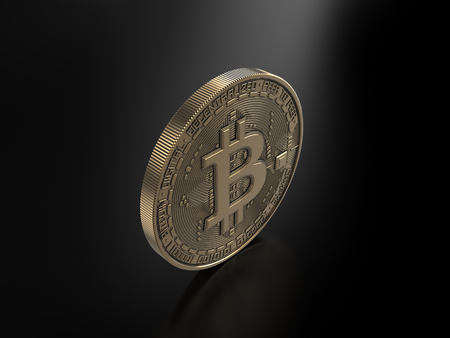 Golden Bitcoin isolated on black background. 3D Rendering.の写真素材
