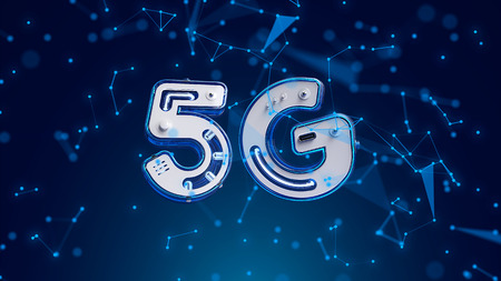 5G network symbol on blue digital background. 5th generation network connection concept. 3D Rendering.の写真素材