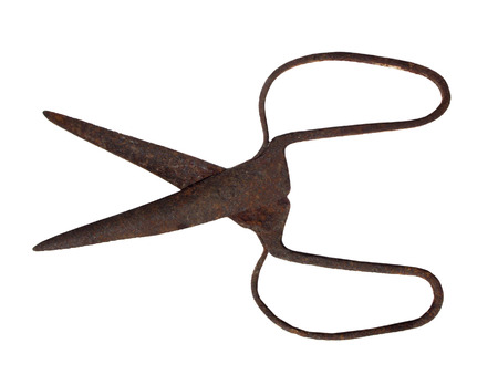 Old rusty scissors on white backgroundの写真素材