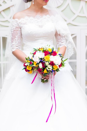 beautiful bridal bouquet with colorful fresh flowersの写真素材