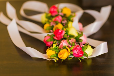 bridesmaids with her  flower bracelet, wedding partyの写真素材
