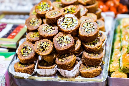 Spice Bazaar in Istanbul. Tea, herbs and spices. baklava