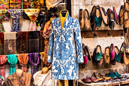 oriental clothes at a market stall in Istanbul, Turkeyの写真素材