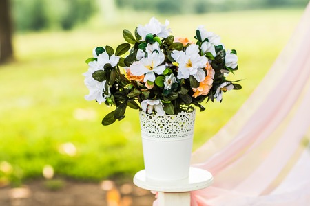 Beautiful wedding decorations in a forest gladeの写真素材