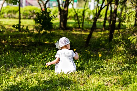 little girl in white dress sitting on green grassの写真素材