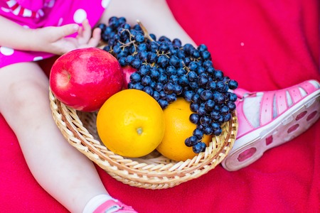 Cute little  girl with fruits, family picnicの写真素材