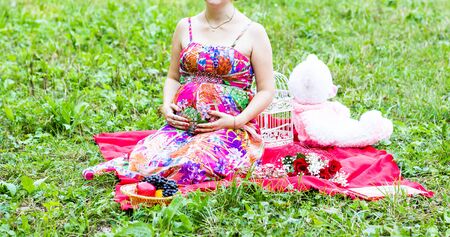 belly of pregnant woman,  Pregnant woman is on a picnic