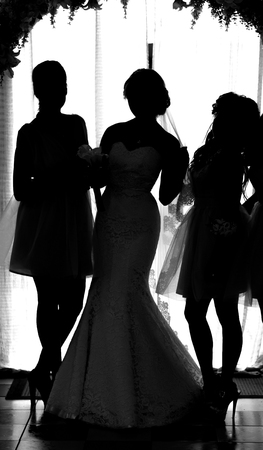 silhouette of the bride and groom and guests at a wedding.の写真素材