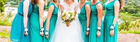 Beautiful bride With Bridesmaids On Wedding Dayの写真素材