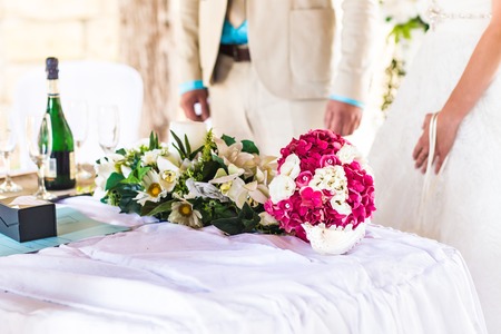 Beautiful wedding bouquet,  bridal bouquet and groom's boutonniereの写真素材