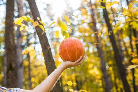 Smiling man carrying pumpkin in a parkの写真素材