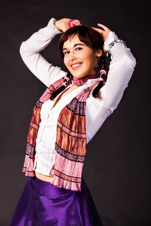 funny crazy  girl student. Very cheerful schoolgirlの写真素材