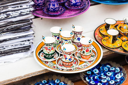 Handmade Turkish tea sets at istanbul market.の写真素材