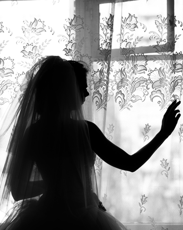 Silhouette of the bride weared in dress.の写真素材