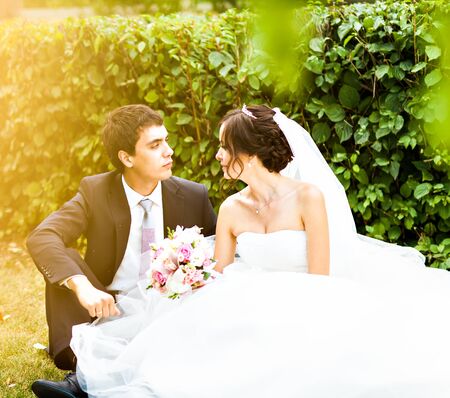 Happy bride and groom on their wedding.の写真素材