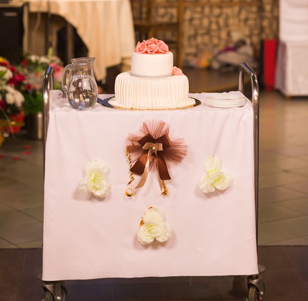 Image of a beautiful wedding cake at wedding receptionの写真素材