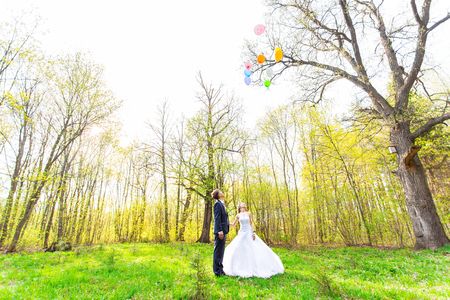 Bride and Groom at wedding Day walking Outdoors on spring nature. Bridal couple, Happy Newlywed woman and man embracing in green park. Loving wedding couple outdoorの写真素材