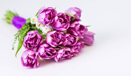 bouquet of tulips in front of spring scene.の写真素材
