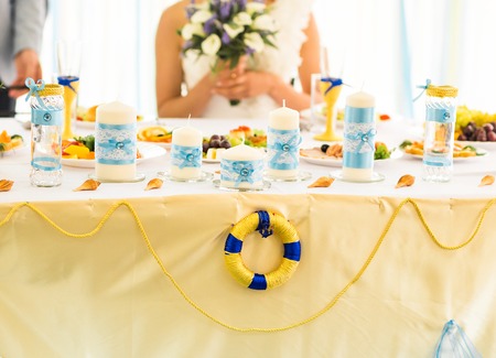 Wedding decorations tropical style, bridal flowers sea and ocean style arch, catering wedding ceremony, selective and soft focus, seriesの写真素材