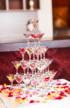 champagne tower, glasses of wine on wedding receptionの写真素材