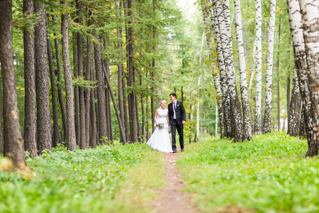 Bride and groom holding hands outdoors in summer parkの写真素材