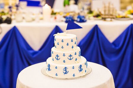 White and Blue Wedding Cake. cake for the newlywedsの写真素材