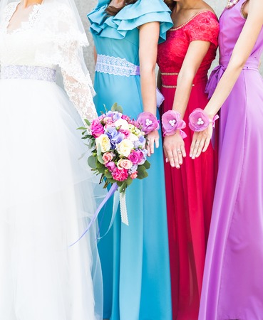 Close up of bride and bridesmaids bouquet.の写真素材