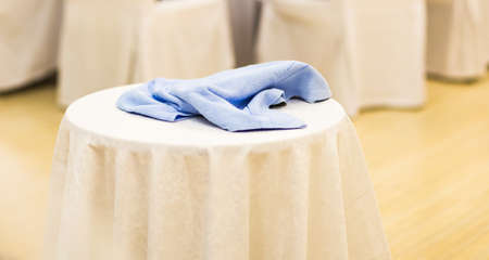 Crumpled towel on the table. House choirs conceptの写真素材