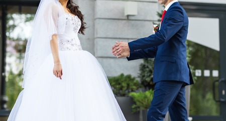 Just married couple outdoors. Wedding couple, newlywedsの写真素材