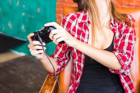 3d technology, virtual reality, entertainment and people concept - happy young woman with virtual...