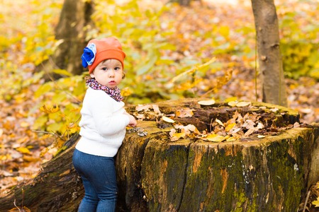 Girl in autumn leaves. Cute girl sitting on stump in the autumn forest.の写真素材