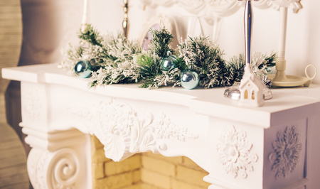 Fireplace decorated for Christmas. New Year holidaysの写真素材