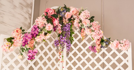 White old fashioned folding screen decorated flowers.の写真素材