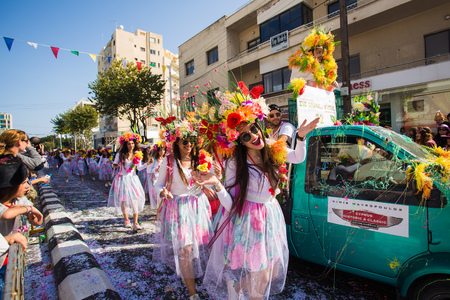 LIMASSOL, CYPRUS - FEBRUARY 26: Unidentified Carnival participants march in Cyprus Carnival Parade on FEBRUARY 26, 2017 in Limassol, Cyprusのeditorial素材