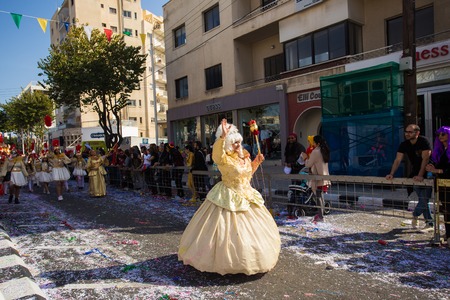 LIMASSOL, CYPRUS - FEBRUARY 26: Unidentified Carnival participants march in Cyprus Carnival Parade on FEBRUARY 26, 2017 in Limassol, Cyprusのeditorial素材