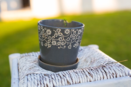 Decorative rusty pot without plant outdoor. Concept of garden decorの写真素材