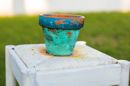 Decorative rusty pot without plant outdoor. Concept of garden decorの写真素材