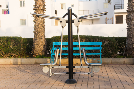 Metal steel sports trainer equipment for sports outside on the streetの写真素材