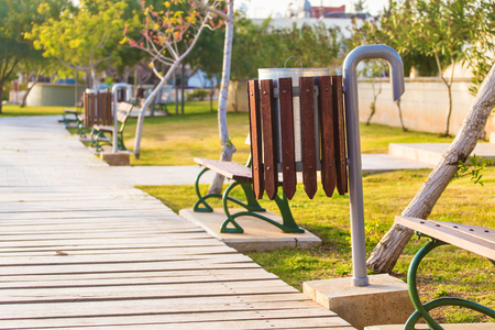 Garbage bin in city parkの写真素材