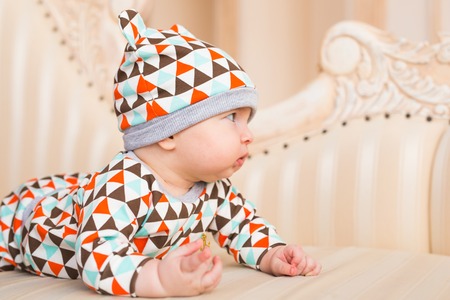 Adorable Caucasian baby. Portrait of a three months old baby boyの写真素材