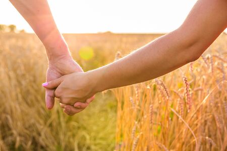 Close-up of happy young couple walking on wheat fieldの写真素材