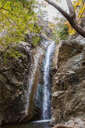 A view of a small waterfall in troodos mountains in cyprusの写真素材