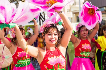 LIMASSOL, CYPRUS - FEBRUARY 26: Grand Carnival Parade - an unidentified people of all ages ,gender and nationality in colorful costumes during the street carnival, February 26, 2017 in Limassolのeditorial素材