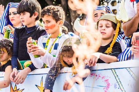 LIMASSOL, CYPRUS - FEBRUARY 26: Grand Carnival Parade - an unidentified people of all ages ,gender and nationality in colorful costumes during the street carnival, February 26, 2017 in Limassolのeditorial素材