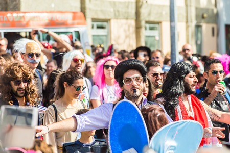 LIMASSOL, CYPRUS - FEBRUARY 26: Grand Carnival Parade - an unidentified people of all ages ,gender and nationality in colorful costumes during the street carnival, February 26, 2017 in Limassolのeditorial素材