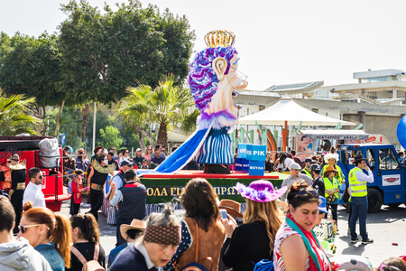 LIMASSOL, CYPRUS - FEBRUARY 26: Happy people in teams dressed with colorfull costumes at famous Limassol Carnival Parade, February 26, 2017 in Limassolのeditorial素材