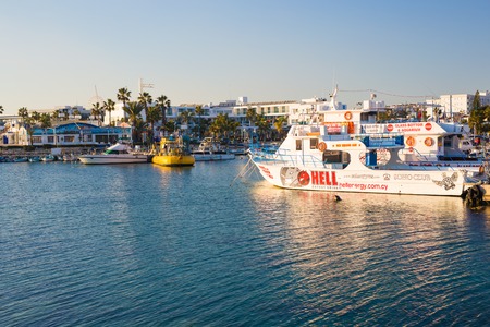 AYIA NAPA, CYPRUS - February 02, 2017: Harbor of Ayia Napa. Harbor is currently a famous tourist resort. Boats in Ayia Napaのeditorial素材