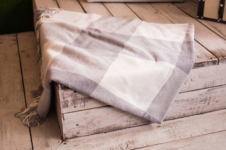 Still life details, wool white plaid. Lazy winter weekend. Cozy interiorの写真素材