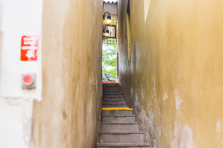 Narrowest street with traffic light in Prague cityの写真素材