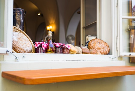 Decorative bread on the window of restaurant.の写真素材